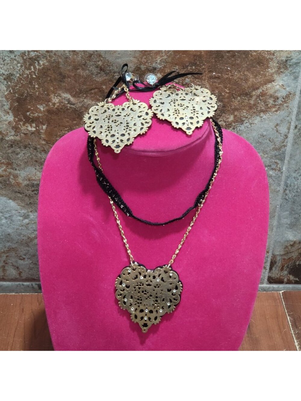 Betsey Johnson Love Me Gold Tone Filigree Overlay on Black Rhinestones Heart Ear